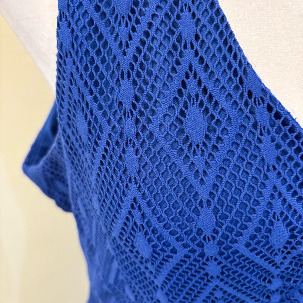 New Guess Blue Geometric Lace Sheath Midi Dress Size 14 - Picture 7 of 17